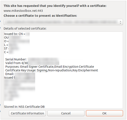 Chrome's client certificate selection dialog