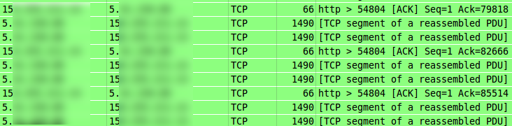 Ethernet frames containing TCP segments, as received by the server